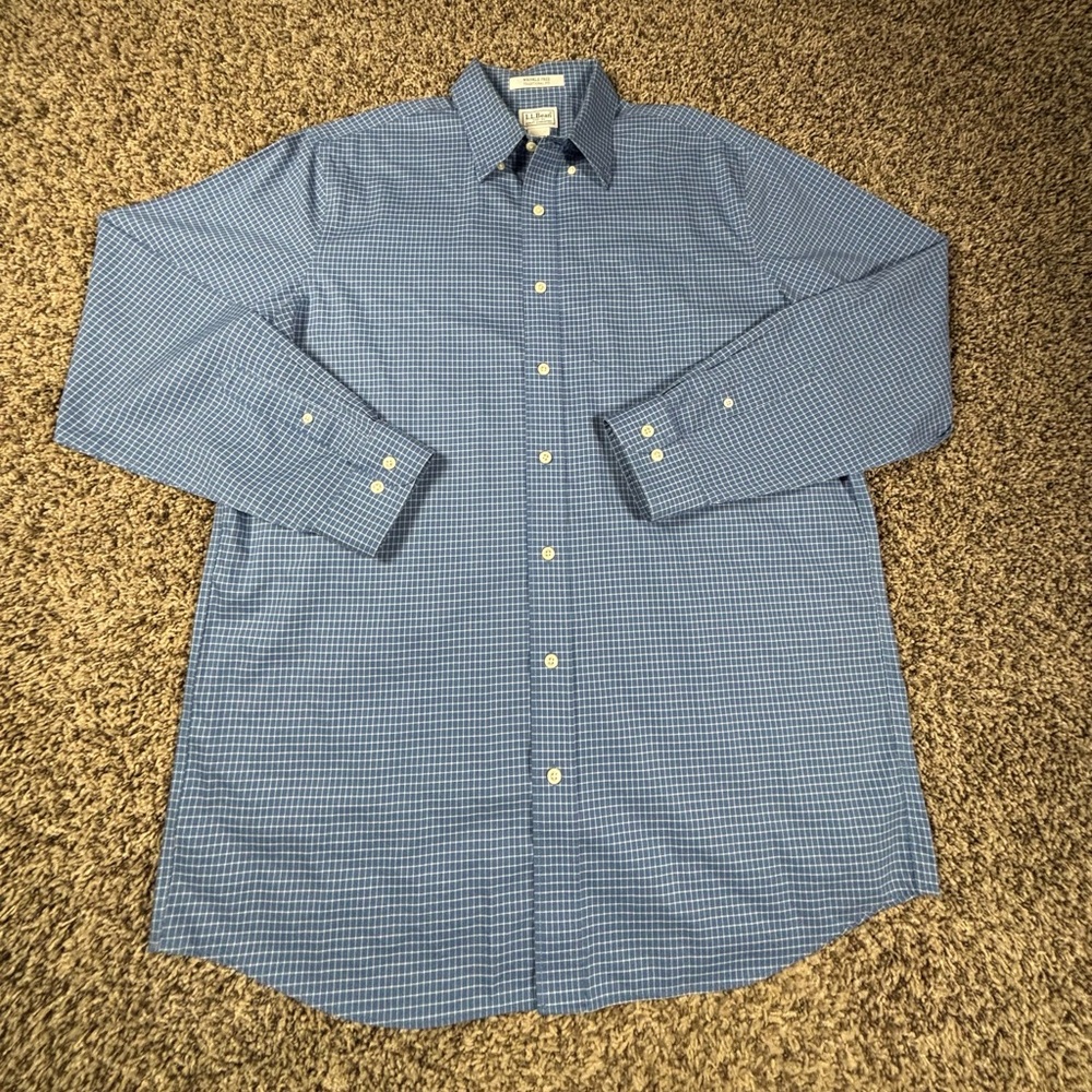 LL Bean Men's Button-Down Blue Plaid Wrinkle Free 100% Cotton Shirt Size LT